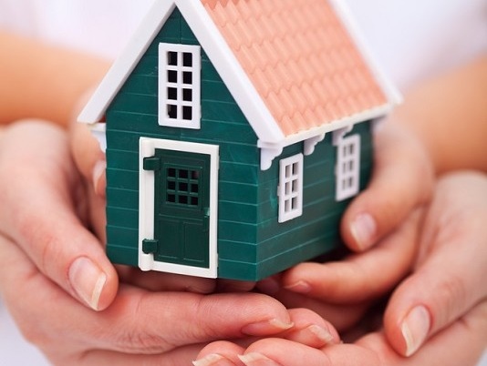 Two hands holding a small green house.