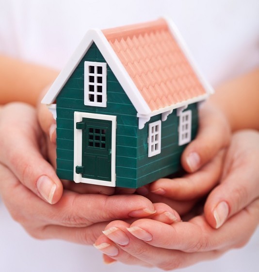 Two hands holding a small green house.