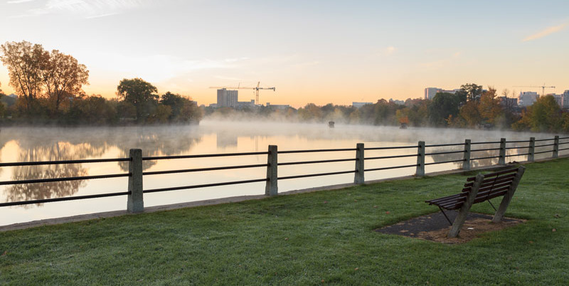 A bench placed on the grass across the river