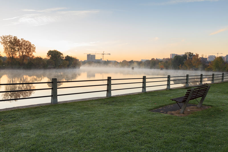 A bench placed on the grass across the river